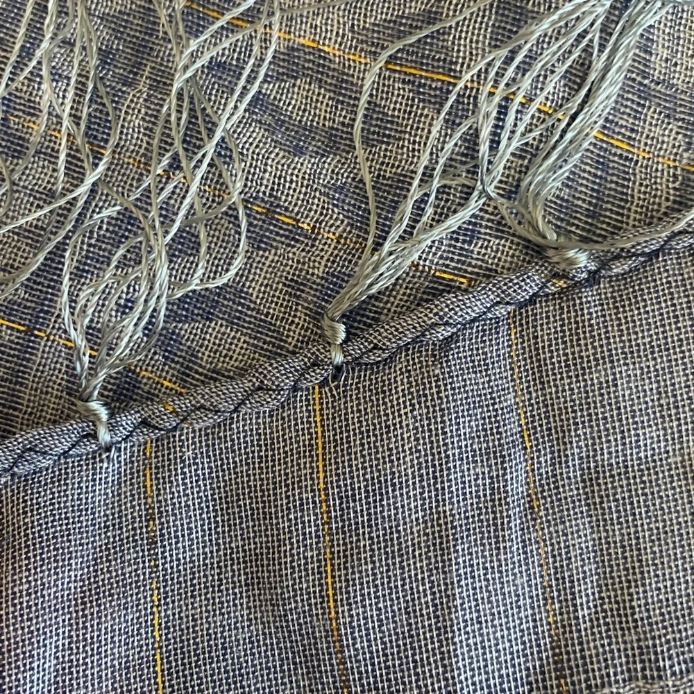 Blue Patterned silk Scarf with Fringe